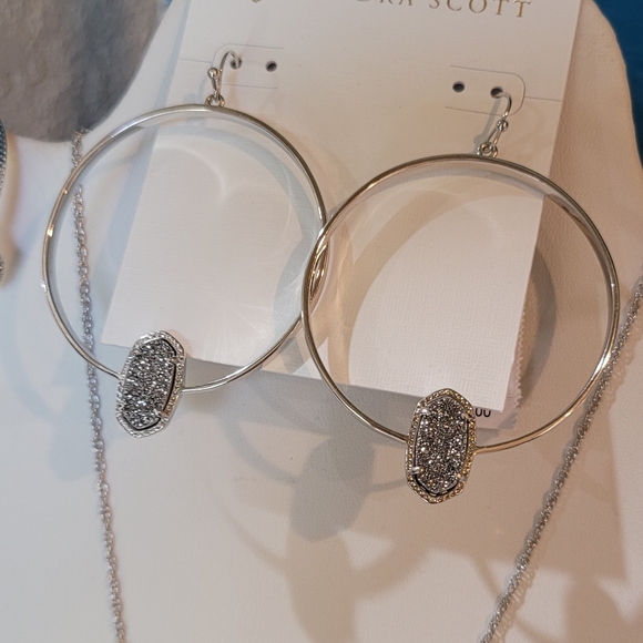 3 NWT Kendra Scott Platinum Drusy Silver Jewelry Pieces Kendra Scott Set Sparkly - Picture 5 of 10